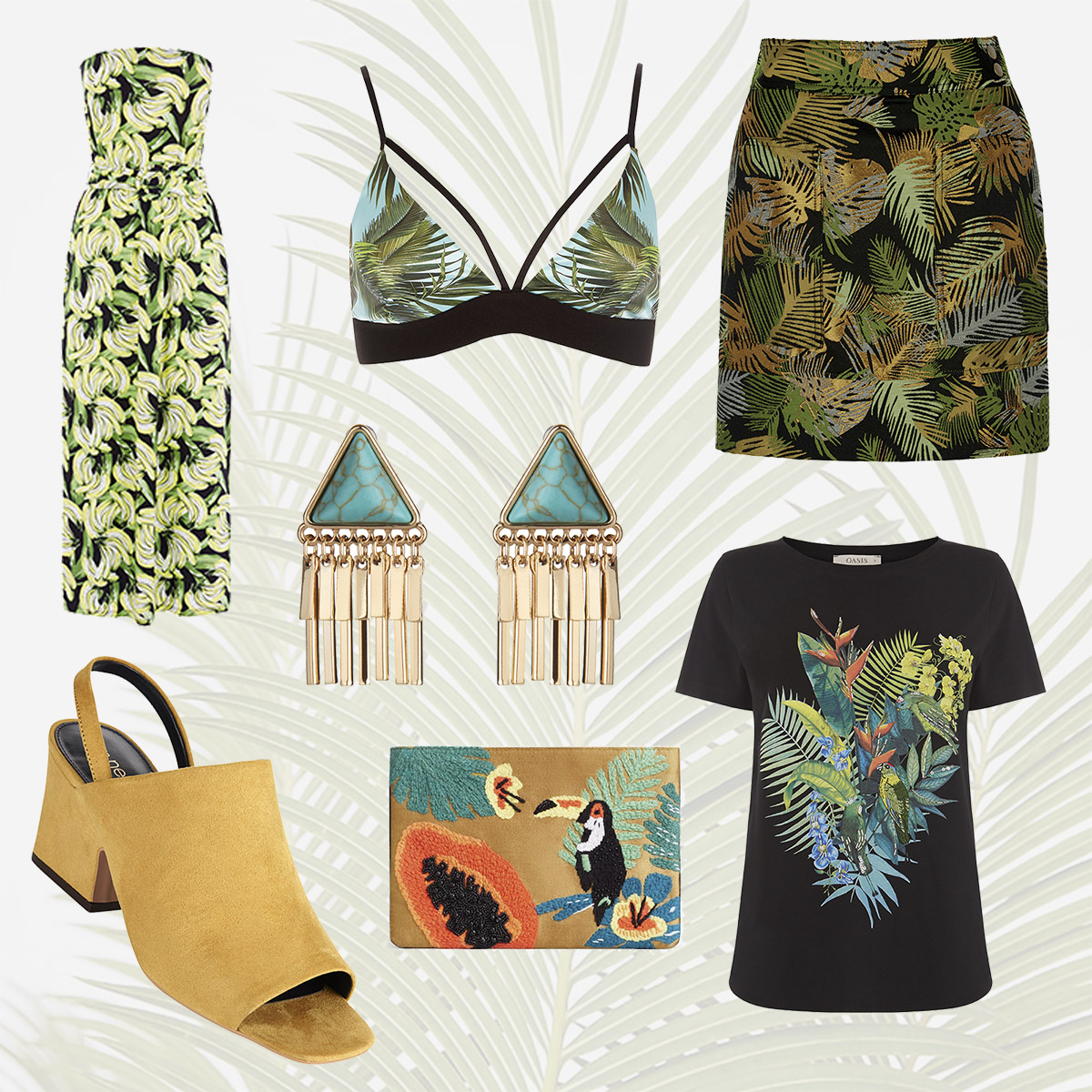 Jungle themed fashion bags, skirts, bikinis, shoes and playsuits at Buchanan Galleries.